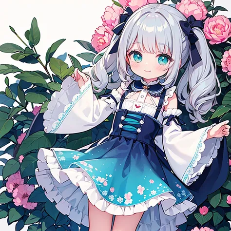 ​master piece , Best Quality，Wallpaper 8k CG, hyper quality, The best ，1girl in,Solo，Seductive smile,
Wavy Hair,Little pretty girl，
The costume is a flower hair ornament.,{{Turquoise dress}}, Gray Shadow Dress,Wide sleeves,Floral Print Sleeve,Gothic lolita...