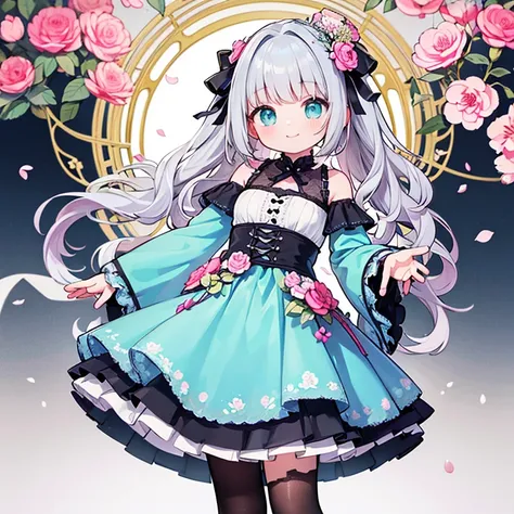 ​master piece , Best Quality，Wallpaper 8k CG, hyper quality, The best ，1girl in,Solo，Seductive smile,
Wavy Hair,Little pretty girl，
The costume is a flower hair ornament.,{{Turquoise dress}}, Gray Shadow Dress,Wide sleeves,Floral Print Sleeve,Gothic lolita...