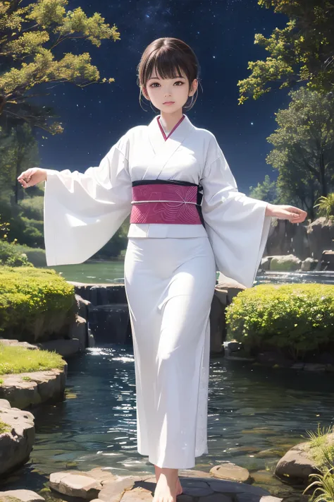 ultimate quallity,The 8k quality,Clear Detail:1.5,masutepiece, best, Night,1 female,Japanese Yukata,Crescent,Pale moonlight,Faint firefly light,Dark forest and pond