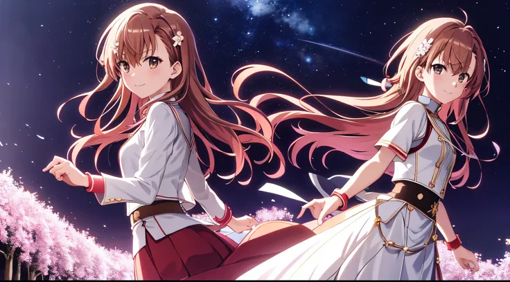 Anime view of Misaka mikoto, 1girl, teen girl, kawaii, solo, chestnut hair, hairpin,brown eyes, standing, looking at viewer,smile,knight armor,praying beads on neck, long skirt,flower fields in greek Acropolis waterfalls,night sky nebulae,anime style,deep ...