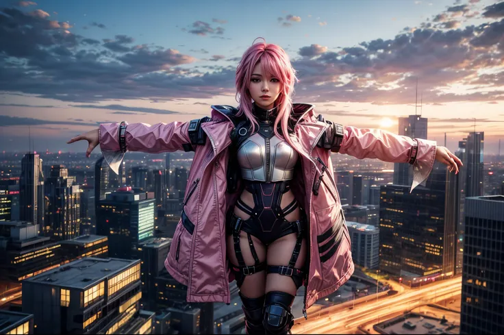 1 girl pink hair, Girl standing on the rooftop of a building, in the distance is a scene of a large modern city, a city with a futuristic futuristic style, realistic, perfect face, ultra quality, super detail