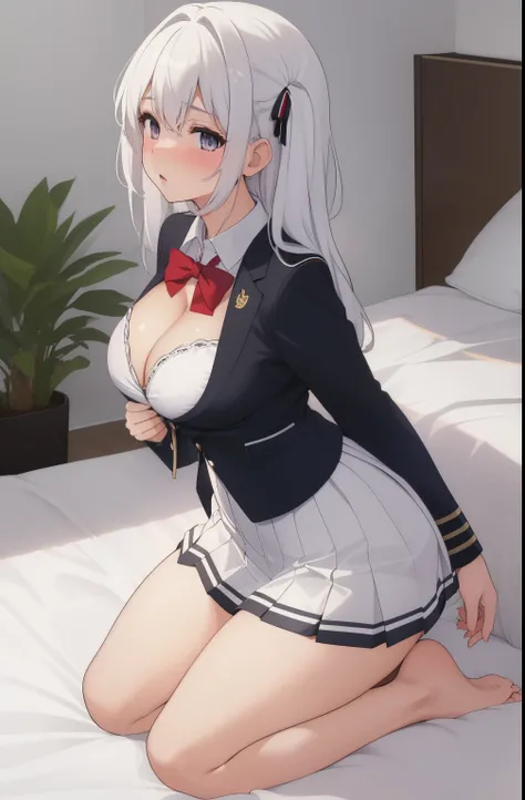 (best quality, 4k, highres, masterpiece:1.2), white hair, medium-sized breasts, cleavage, bikini, school uniform, lifted clothes, skirt outfit, full-body shot, perfect physique, 14-year-old, blushing, kneeling, wetting the bed on the top of the bed, lying ...