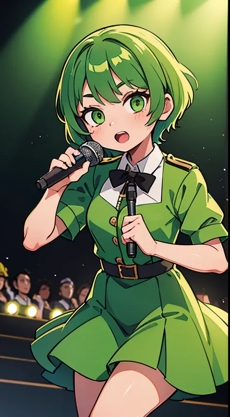 20 year old girl, she wears the green uniform of the Indonesian idol group JKT48, she has short green hair bordering her neck, she has green eyes, she is singing holding the mic, he is on the concert stage, many spectators and lightsticks, very detailed