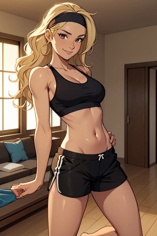 A beautiful 23 years old woman, barefoot, wearing black sportsshorts and a sportsbra, in a modern room, wavy blonde hair, bandana headband, calm smile.