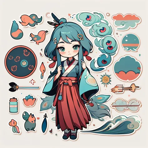 1 sticker, handbook, (sticker, 1 girl, Chinese Ming dynasty clothes, gorgeous collar top, pleated long skirt, hanfu, embroidery, peacock, hairpin, folding fan, feather, parts split), watercolor, white background, simple background, minimal, cute, tiny, pas...