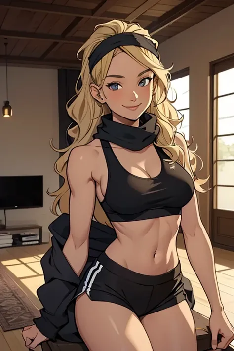 A beautiful 23 years old woman, barefoot, wearing black sportsshorts and a sportsbra, in a modern room, wavy blonde hair, bandana headscarf, calm smile.