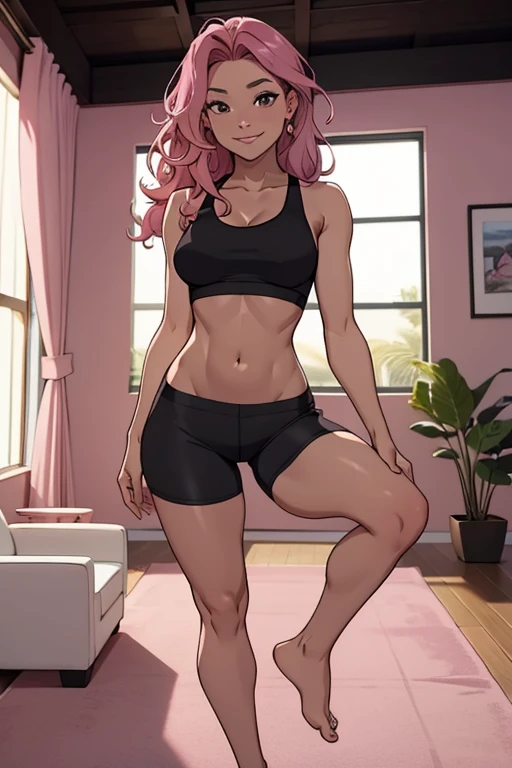 A beautiful 23 years old woman, barefoot, wearing black sportsshorts and a sportsbra, in a modern room, wavy pink dyed hair,  calm smile.