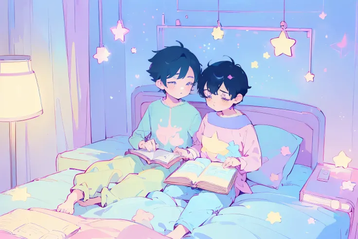 ((2 boys sitting on bed)), black hair,reading a book, bedroom, cute room, pastel colors,kawaiitech,cute colors,kawaii,stars are hanging above bed,bedtime stories,masterpiece,ultra detailed,flat coloring,cute flat colors