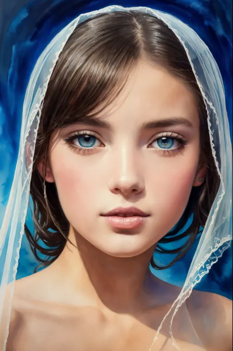 a young nymph with large mysterious eyes and dark hair wrapped in a transparent light veil, moral (Hugo Merle style), (Juicy palette, canvas, watercolour / ACRYLIC), extreme hight detail, Complex key, ((Single Shot)), ((Best Quality)), ((Masterpiece)) , ((...