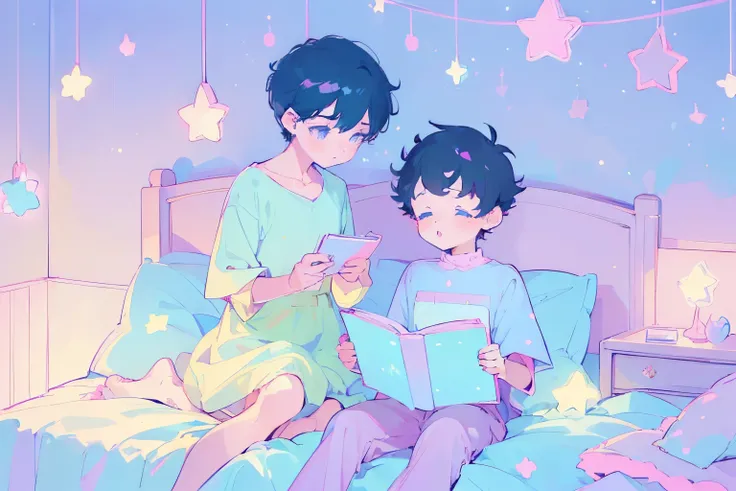 ((2 boys sitting on bed)), black hair,reading a book, bedroom, cute room, pastel colors,kawaiitech,cute colors,kawaii,stars are hanging above bed,bedtime stories,masterpiece,ultra detailed,flat coloring,cute flat colors