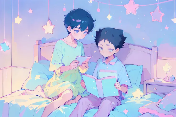 ((2 boys sitting on bed)), black hair,reading a book, bedroom, cute room, pastel colors,kawaiitech,cute colors,kawaii,stars are hanging above bed,bedtime stories,masterpiece,ultra detailed,flat coloring,cute flat colors,iwaizumi,black hair,spiky hair