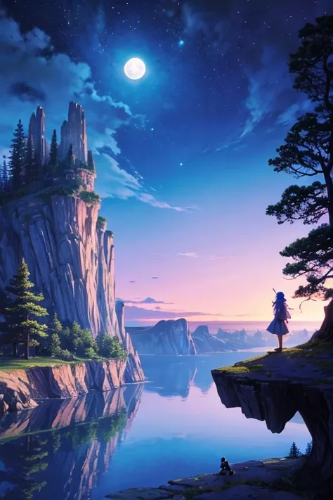 natta、mare、violinist standing on a cliff、Very big full moon、city in the moon、Colors like the painter Lassen、Rich in colors、spiritual、psychedelic、Disney-like scenery、movie『avatar』a landscape like、I want you to draw it like a picture book