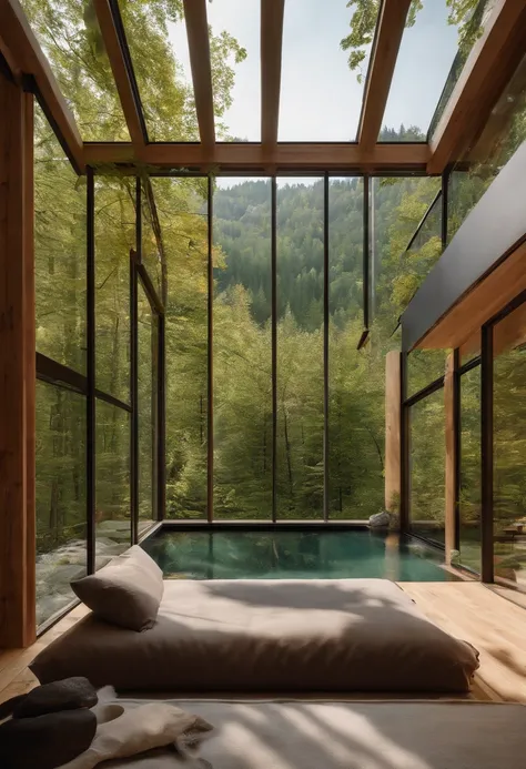 Small single-family duplex house in a Scandinavian nature, standing wood panel, panorama glass windows, forests, waterfall inside atrium, rocks, natural pond of water