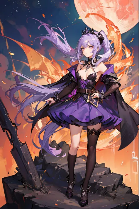 vampire queen, perfect body shape, small breast, battle skirt, (royal cape:1.1), main color is matte black, secondary color is purple, sexy and devil aura, original character, masterpieces, seducing purple pupil, (multi color high pony tail 1:1.2), walking...