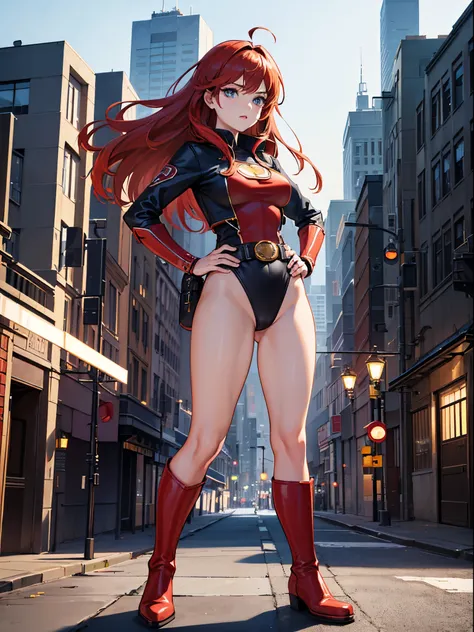 masterpiece, best quality, 1girl, superhero, leotard, bare legs, knee boots, matching boots, heroic, city backdrop, standing, body infused with energy, light particles, solo, single, cowboy shot, perfect anatomy, hand on hip, red hair, beautiful detailed e...