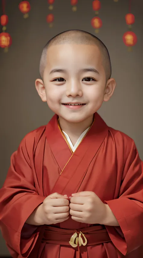 Alafid Asian boy in red robe smiling at camera, mouth close，portrait of monk, monk, wearing brown robes, Buddhists, Monk robe, dressed in simple robes, Dressed in a red robe, Close-up portrait shoot, Calm smile, 70mm portrait, dressed in simple robes, litt...