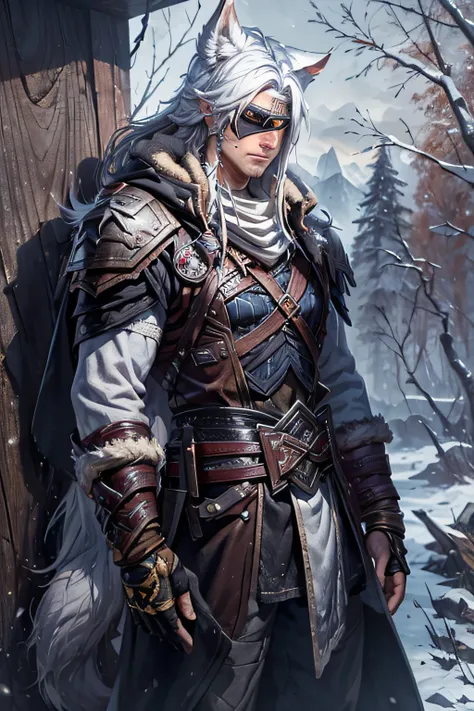 personagem jovem masculino, pele clara. long, white hair. yellowish eyes and an eye patch just covering the right eye. nordic st...