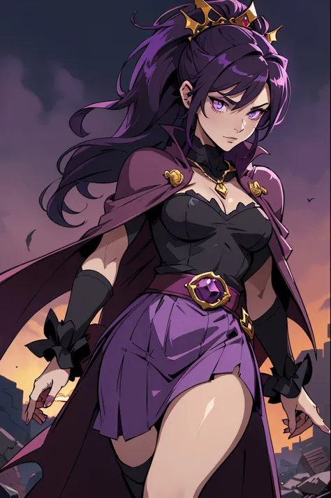 vampire queen, perfect body shape, small breast, battle skirt, (royal cape:1.1), main color is matte black, secondary color is purple, sexy and devil aura, original character, masterpieces, seducing purple pupil, (multi color high pony tail 1:1.2), walking...