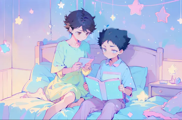 ((2 boys sitting on bed)), black hair,reading a book, bedroom, cute room, pastel colors,kawaiitech,cute colors,kawaii,stars are hanging above bed,bedtime stories,masterpiece,ultra detailed,flat coloring,cute flat colors,oikawa tooru,brown hair,brown eyes,p...