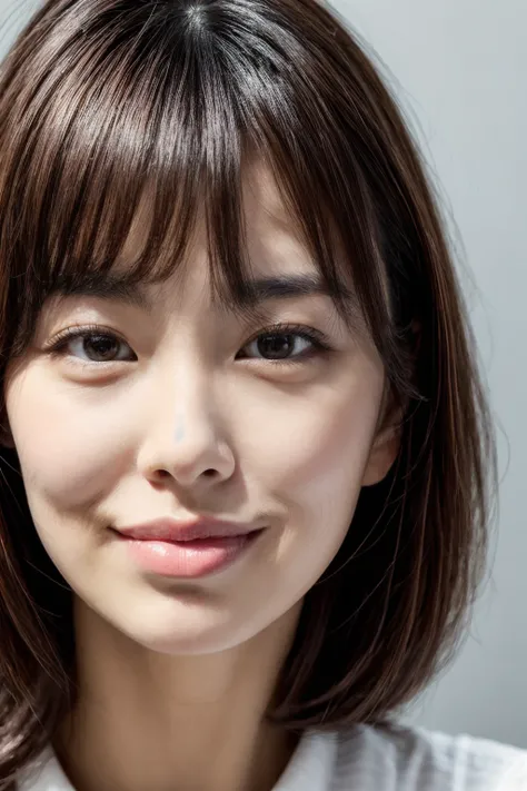 A 30-year-old Japanese woman with age-appropriate wrinkles, middle makeup, (wrinkles:1.1) In the corner of the eye, laugh lines, nasolabial folds, Wrinkled skin, Large, Attractive eyes with light brown irises, Thin, Well-shaped eyebrows with a natural arch...