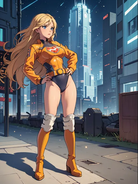 masterpiece, best quality, 1girl, superhero, leotard, bare legs, knee boots, matching boots, heroic, city backdrop, standing, body infused with energy, light particles, solo, single, cowboy shot, perfect anatomy, hand on hip, blonde hair, beautiful detaile...