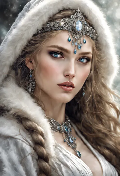 a beautiful and gorgerous ancient russian princess, romantic, dreamlike, ancient russia background, 
desperate perfect gray eyes, muted colors, pastels, beautiful and gorgeous round face, kokoshnik, sable fur, 
by Luis Royo, Razumov and Andrei Shishkin, an...