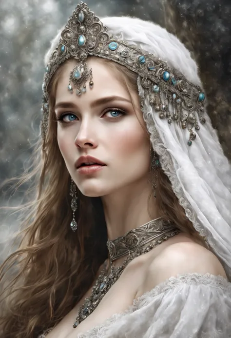 a beautiful and gorgerous ancient russian princess, romantic, dreamlike, ancient russia background, 
desperate perfect gray eyes, muted colors, pastels, beautiful and gorgeous round face, kokoshnik, sable fur, 
by Luis Royo, Razumov and Andrei Shishkin, an...