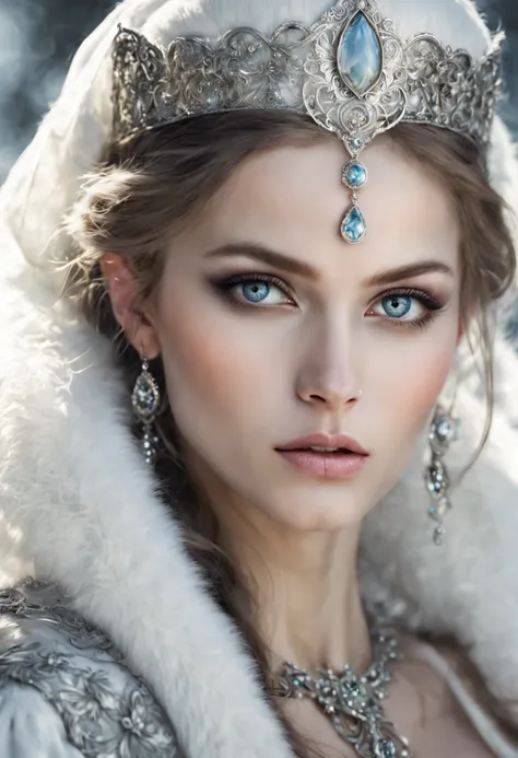 a beautiful and gorgerous ancient russian princess, romantic, dreamlike, ancient russia background, 
desperate perfect gray eyes, muted colors, pastels, beautiful and gorgeous round face, kokoshnik, sable fur, 
by Luis Royo, Razumov and Andrei Shishkin, an...