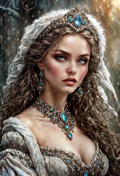 a beautiful and gorgerous ancient russian princess, romantic, dreamlike, ancient russia background, 
desperate perfect gray eyes, muted colors, pastels, beautiful and gorgeous round face, kokoshnik, sable fur, 
by Luis Royo, Razumov and Andrei Shishkin, an...