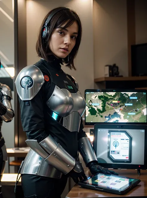 there is a woman in a futuristic suit standing next to a tablet, cyber suit, cybersuit, wearing sci-fi armor, cybersuits, girl in mecha cyber armor, diverse cybersuits, wearing futuristic armor, sci - fi suit, clothed in sci-fi military armor, full cyberne...