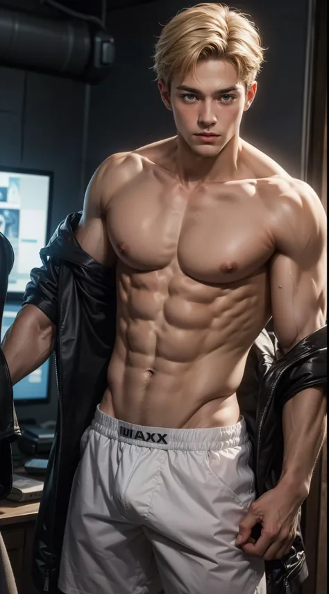 max resolution: 1.2), (Ultra HDTV: 1.2), 8K resolution, Eye and skin details, detailed facial features, , (Sharp focus: 1, 2), ( Accurate focus) facial expressions: 1,2), Standing guy , (Blonde hair), (Shirtless), Shirtless, Perfect muscles, 6 pack, (White...