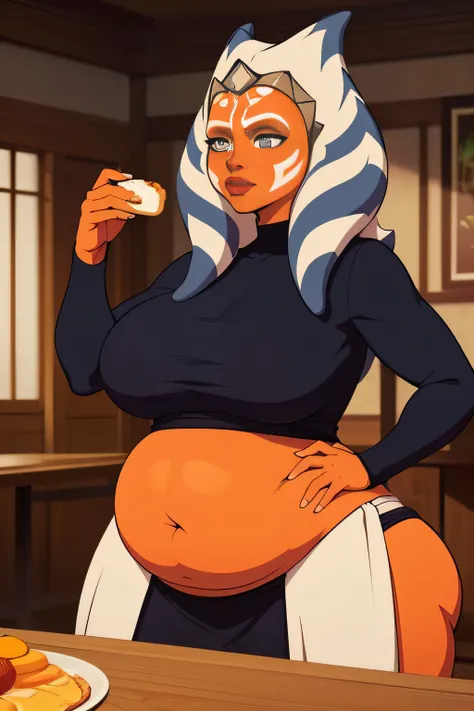 Ahsoka Tano, orange skin, Ahsokas clothes, standing, chubby, adult. curvy, long lekku, 26 years old, long montral, fat, curvy, wide hips, fat belly, ((orange skin)), exposed belly, brown and black clothes, bloated belly, , at a table filled with food,