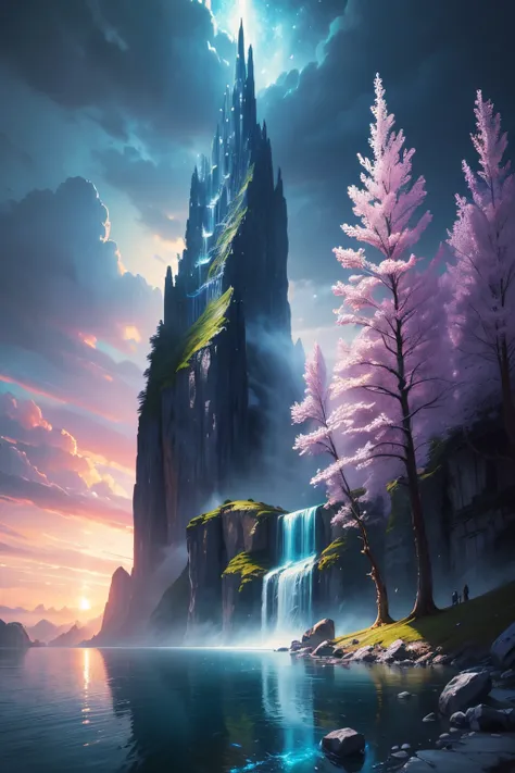 An elegant cinematic fantasy {winter|spring|summer|fall} landscape with a magic surreal dreamlike sky, extravagant, highly detailed, galaxy, moon rays, ({river|sea|forest|waterfall|crystals in the water|rock cliff|rainbow}), devastatingly beautiful atmosph...