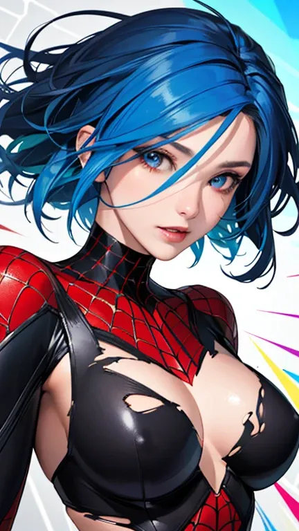 (best quality, masterpiece, colorful, dynamic angle, highest detailed) upper body photo, fashion photography of cute, blue hair with black highlights, torn spiderman suit,(ultrahigh resolution textures), in dynamic pose, bokeh, glowing web, (intricate deta...