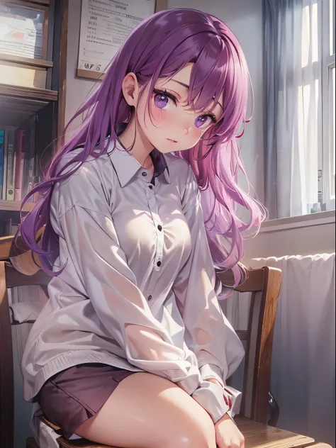 Bright red fancy cut shirt with crisp buttons、the long hair you dream of、hair color is light purple、sitting on chair with spreading legs、full body Esbian、Perfect purple eyes that everyone envy，Perfect purple eyes that everyone envy、rounded thighs，Black min...