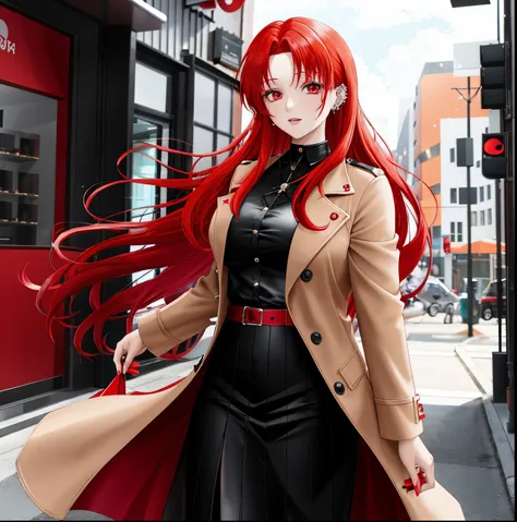 woman with red hair and piercing looks at the camera, 38 years old - anime girl, she has red hair, crimson-red hair and red eyes, Gothic maiden anime woman, beige coat, with red hair, female anime character, with long red hair, Glowing crimson head, with r...