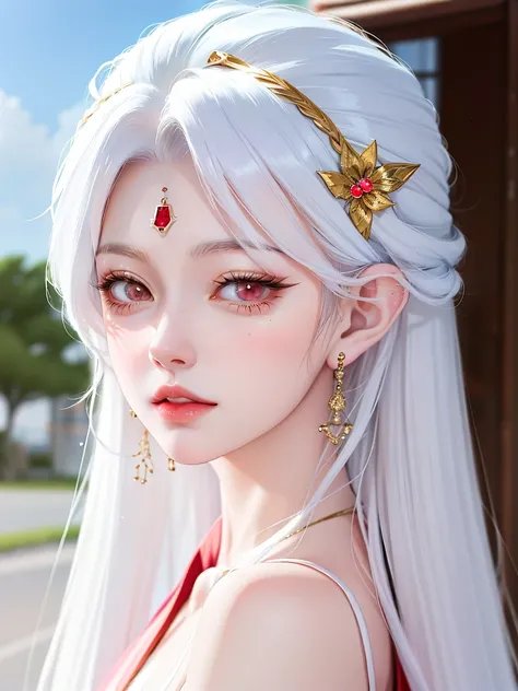 anime girl with long white hair and red collared top, beautiful anime portrait, white haired deity, white hime cut hairstyle, girl with white hair, guweiz, detailed portrait of anime girl, beautiful anime girl, stunning anime face portrait, portrait of an ...