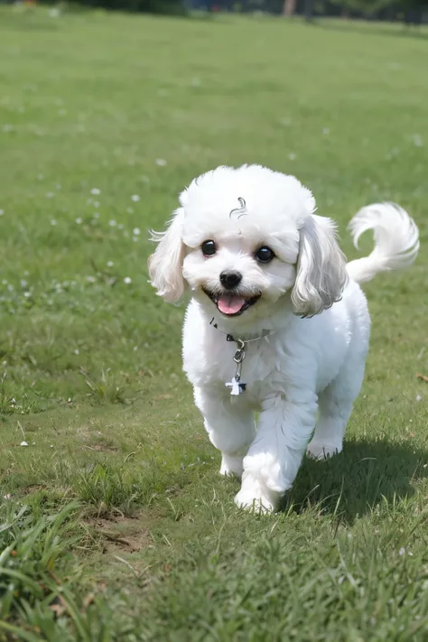 In the moonlit night, one is a Bichon Frize，small dog，Leakage throughout the body，Including feet。being in the grassland