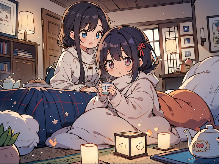 one day、Cold winter days、The family was staying warm under the kotatsu.。father makes tea、mother prepares sweets、the children were watching tv。

And then、sudden、There was a power outage。family is surprised、I felt anxious but、Because it surrounds the kotatsu...