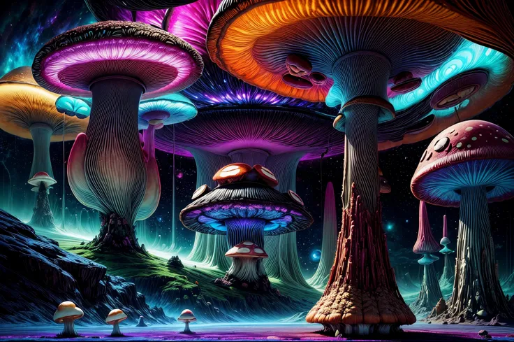 "((Enchanting mushrooms)) in a surreal space, fantasy world, vibrant color palette, ethereal glow, cosmic clouds, space-time distortion, (captivating composition), alien landscape,