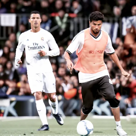 there are two men playing soccer on a field with a crowd watching, soccer player cristiano ronaldo, ronaldo luis nazario de lima, the best ever, sport, cristiano ronaldo, cristiano ronaldo as batman, by Luis Molinari, dribbling, skilled, trending dribble, ...