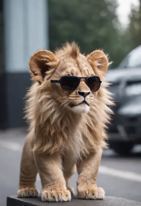 Fully grown mini cute lion cub cyberpunk + jaket, nano sunglasses, Nanodevices, cybernetic prosthesis, boombox, iso-distance view, Cinematic, Hyper-realistic, The light from the back window is backlighted, presented in an illusory way, 8K