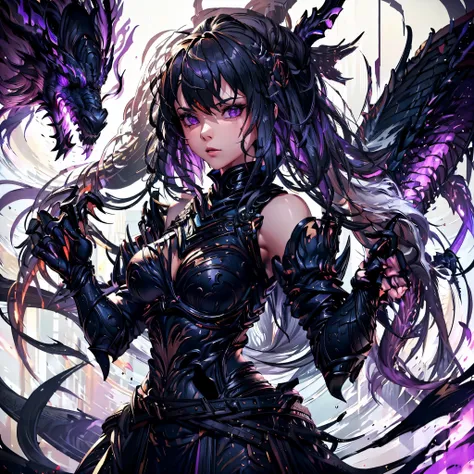 girl in black armor. she is a sharp ornament. two black dragons attack her from behind.. sharp hair ornament. torn feather. shar...