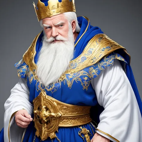 (masutepiece, Highest Quality, Top resolution, Distinct_image, Detailed details): blue cloak and white robe、Golden crown on pale blue hair、a beard、old man with sharp face、Solid body、large shoulders width、Glossy appearance、Distinct shading、big physique、Musc...