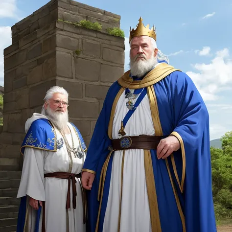 (masutepiece, Highest Quality, Top resolution, Distinct_image, Detailed details): blue cloak and white robe、Golden crown on pale blue hair、a beard、old man with sharp face、Solid body、large shoulders width、Glossy appearance、Distinct shading、big physique、Musc...