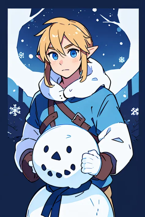 link, blonde male, blue eyes, making a snowman during winter