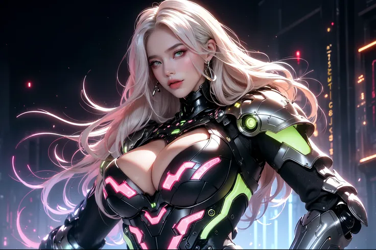 (masterpiece), best quality, expressive eyes, perfect face, beautiful details face, beautiful round eyes, full body, A beautiful mature woman in cyber armour suit shows her Extremely busty and attractive breasts, (arrogant face), (purple silver hair), (bob...