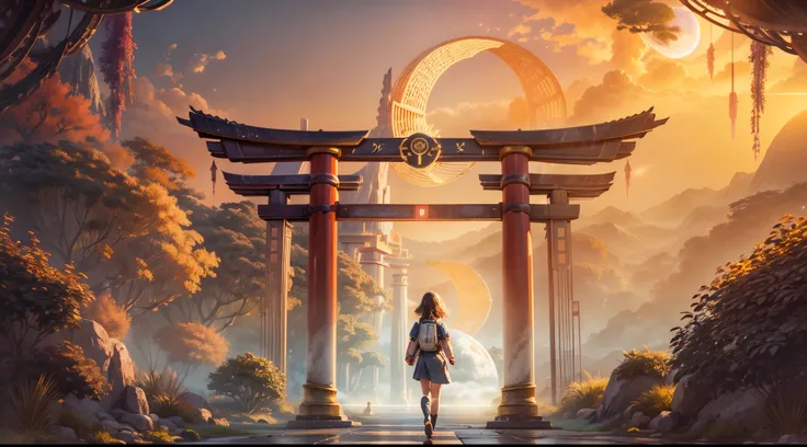 "((Adventurous)) girl walking through the Torii Gate, entering a world of Myst. The science fiction backdrop features a distant planetes against a fantastic landscape. Golden hour lighting enhances the ((ethereal)) ambiance. High-quality, detailed, Torii G...