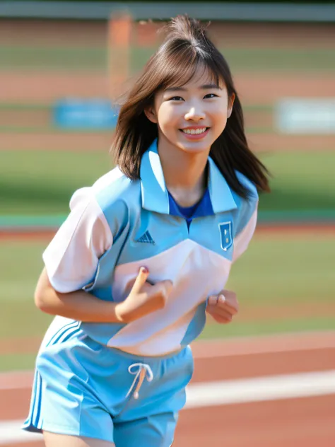 (The highest image quality:1.35), High quality, (8K:1.3), Realistic Photos, (One beautiful woman:1.33), Beautiful expression, (Eyes and faces with detailed:1.3), (Lustrous hair:1.3), (muscular body:1.2), (Woman practicing in the athletics field), Smiling, ...