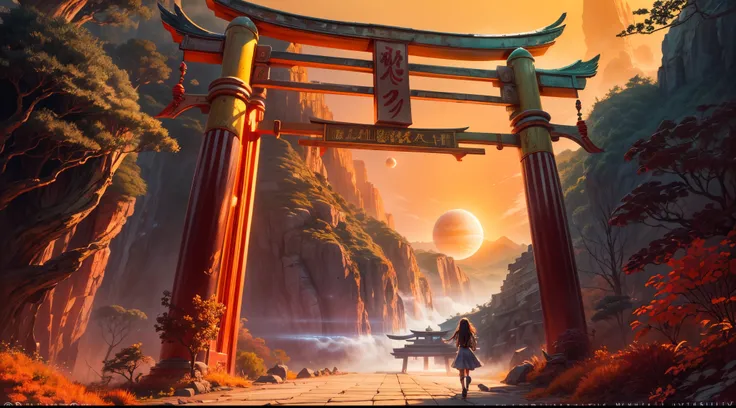 "((Adventurous)) girl walking through the Torii Gate, entering a world of Myst. The science fiction backdrop features a distant planetes against a fantastic landscape. Golden hour lighting enhances the ((ethereal)) ambiance. High-quality, detailed, Torii G...